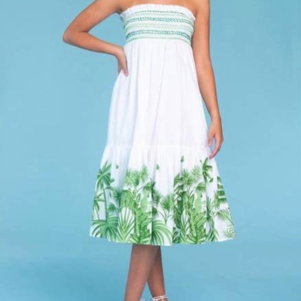 Euc Olivia James The Label Izzy Smocked Strapless Dress Jungle Agave Size Xs